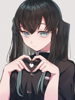 1boy aqua_eyes aqua_hair black_hair black_jacket buttons closed_mouth gold_buttons gradient_hair hair_between_eyes hands_up heart heart_hands high_collar highres jacket kenpin kimetsu_no_yaiba long_hair looking_at_viewer male_focus multicolored_hair simple_background solo tokitou_muichirou trap two-tone_hair white_background