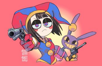 1boy 1girl aiming aiming_at_viewer ariamikukanzaki black_eyes black_hair blue_eyes blush_stickers breasts colored_teeth commentary english_commentary finger_on_trigger frown furry furry_male gloves grin gun handgun hat hat_bell holding holding_gun holding_weapon jax_(the_amazing_digital_circus) jester jester_cap makeup medium_hair multicolored_eyes pomni_(the_amazing_digital_circus) red_eyes red_gloves revolver serious signature small_breasts smile striped_clothes striped_headwear the_amazing_digital_circus two-tone_eyes vertical-striped_clothes vertical-striped_headwear weapon yellow_teeth