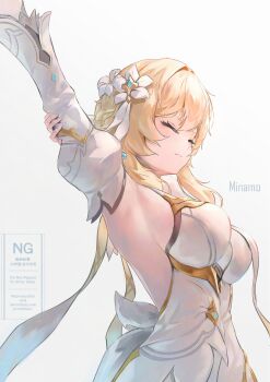 1girl absurdres armpits backless_dress backless_outfit blonde_hair breasts closed_eyes closed_mouth commentary_request detached_sleeves dress flower from_side genshin_impact hair_flower hair_ornament highres large_breasts lumine_(as_heaven_and_earth_are_made_anew)_(genshin_impact) lumine_(genshin_impact) minamo_(edosei_edo) official_alternate_costume presenting_armpit short_hair_with_long_locks solo stretching upper_body white_background white_dress white_flower white_sleeves