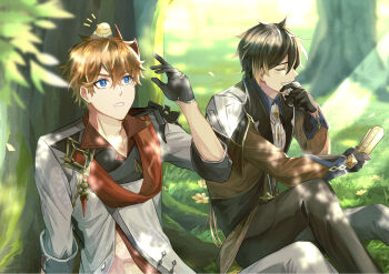 Rule 34 | 2boys, animal, animal on head, bird, bird on head, covering mouth, foliage, genshin impact, gils3105, highres, image sample, laughing, multiple boys, on head, outdoors, pixiv, pixiv sample, tartaglia (genshin impact), zhongli (genshin impact)