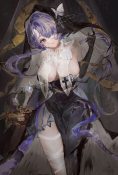 1girl absurdres arknights berry black_dress black_gloves black_veil breasts bug butterfly candelabra candlestand cleavage cross dress elbow_gloves eyepatch gloves hair_ornament hair_over_eyes highres insect large_breasts leg_ribbon looking_at_viewer off-shoulder_dress off_shoulder parted_lips purple_eyes purple_hair ribbon short_hair signature solo strapless thread vea_(v_ea_) veil whisperain_(arknights)
