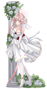 Rule 34 | 1girl, absurdres, alternate costume, alternate hairstyle, bare shoulders, blue archive, blue eyes, blush, breasts, cleavage, closed mouth, dress, flower, hair bun, hair flower, hair ornament, halo, high heels, highres, large breasts, looking at viewer, mimori (blue archive), pantyhose, pink hair, pink halo, rynn (darknescorez), shoes, sleeveless, sleeveless dress, smile, solo, strapless, strapless dress, wedding dress, white dress, white flower, white pantyhose, white shoes