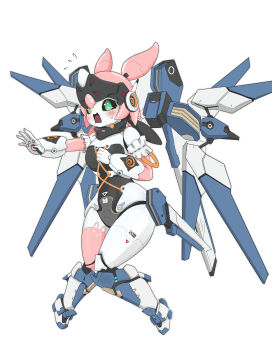 1girl absurdres aria_(zenless_zone_zero) blush commentary_request exoskeleton full_body green_eyes highres humanoid_robot joints mechanical_wings open_mouth robot robot_ears robot_girl robot_joints shianpurin solo sweat white_background wings zenless_zone_zero