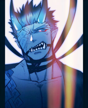 Rule 34 | 1boy, bara, black sclera, colored sclera, demon boy, glowing, glowing eye, highres, male focus, monsterification, muscular, muscular male, one eye covered, oni, pectoral cleavage, pectorals, pointy ears, sakimori toji, short hair, solo, spiked hair, thick eyebrows, tokyo houkago summoners, touoh, tusks, upper body, yellow eyes