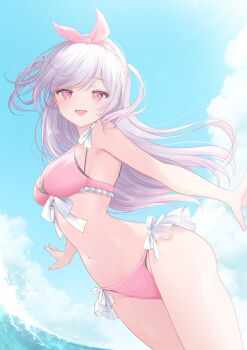 1girl absurdres bikini blue_sky bow bow_hairband breasts cleavage cloud cowboy_shot cumulonimbus_cloud day dot_nose dutch_angle floating_hair frilled_bikini frills front-tie_bikini_top front-tie_top glint hairband highres indie_virtual_youtuber kurage_cc legs_together light_blush light_rays long_hair looking_at_viewer medium_breasts navel ocean open_hand open_mouth outdoors outstretched_arms pink_bikini pink_bow pink_eyes pink_hair pink_hairband purple_hair side-tie_bikini_bottom sky smile solo standing stomach sunbeam sunlight swept_bangs swimsuit very_long_hair virtual_youtuber wading water water_drop wet