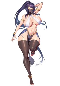 1girl absurdres anklet arm_behind_head armlet au_ra bracelet breasts brown_eyes brown_thighhighs commission dancer dragon_horns dragon_tail eyebrows_hidden_by_hair final_fantasy final_fantasy_xiv gluteal_fold gurimjang highres horns jewelry large_breasts lips long_hair looking_at_viewer mouth_veil navel open_mouth pelvic_curtain pixiv_commission purple_hair revealing_clothes sapphira_nyx scales simple_background smile solo standing standing_on_one_leg stomach tail thighhighs toes veil very_long_hair warrior_of_light_(ff14) white_background wide_hips