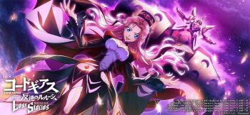 bikini blue_eyes breasts cleavage code_geass code_geass:_lost_stories hat highres knightmare_frame large_breasts long_hair looking_at_viewer marrybell_mel_britannia official_art pink_hair swimsuit