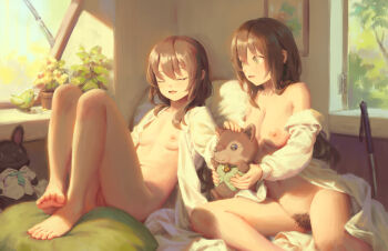 2girls bigrbear bottomless breasts brown_eyes brown_hair cleft_of_venus closed_eyes female_pubic_hair highres indoors long_hair medium_breasts multiple_girls navel nipples off_shoulder open_clothes open_mouth open_robe original pubic_hair pussy robe scar scar_on_stomach sitting small_breasts stuffed_animal stuffed_toy teddy_bear uncensored