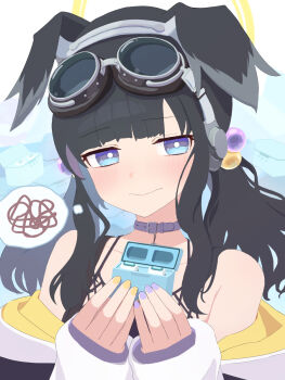 Rule 34 | 1girl, animal ears, black hair, blue archive, blue eyes, blush, commentary request, dog ears, dog girl, goggles, goggles on head, halo, hibiki (blue archive), highres, long hair, looking at viewer, onihoppe, simple background, solo, yellow halo