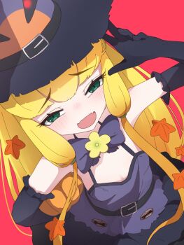 1girl autumn_leaves black_bow black_bowtie black_dress black_gloves black_hat blonde_hair blush bow bowtie dress elbow_gloves fangs gloves gradient_hair green_eyes hair_between_eyes halloween halloween_costume hat highres jack-o&#039;-lantern jack-o&#039;-lantern_(kemono_friends) kemono_friends kemono_friends_3 leaf looking_at_viewer multicolored_hair official_alternate_costume open_mouth orange_hair plant_hair sarutori sidelocks smile solo spaghetti_strap witch witch_hat