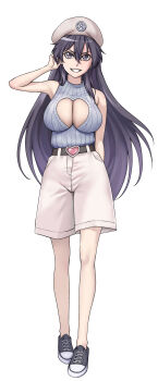 1girl absurdres bambietta_basterbine bare_shoulders black_hair bleach bleach:_sennen_kessen-hen breasts cleavage cleavage_cutout clothing_cutout collarbone female_focus full_body hat highres large_breasts long_hair quincy_(bleach) sakuya_(liao_kj) shoes shorts solo solo_focus standing sternritter