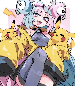 1girl elenagr gen_1_pokemon iono_(pokemon) multicolored_hair nintendo open_mouth pikachu pokemon pokemon_(creature) sharp_teeth teeth two-tone_hair
