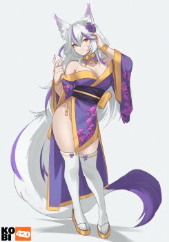 1girl :d animal_ear_fluff animal_ears artist_logo artist_name bare_shoulders bow bow_legwear bracelet breasts character_request collar commentary commission dot_nose english_commentary eyeliner fang floral_print floral_print_kimono flower fox_ears fox_girl fox_tail full_body gold_shoes gradient_hair groin hair_between_eyes hair_flower hair_ornament hand_in_own_hair hands_up highres japanese_clothes jewelry kimono kobi420 logo long_hair long_sleeves looking_at_viewer makeup medium_breasts multicolored_hair multiple_bracelets open_mouth original print_kimono purple_bow purple_collar purple_flower purple_kimono purple_sash purple_streaks purple_tail red_eyeliner sash shadow shoes simple_background skin_fang slit_pupils smile solo standing tail teeth thick_thighs thighhighs thighs two-tone_tail white_background white_hair white_tail white_thighhighs wide_sleeves yellow_eyes