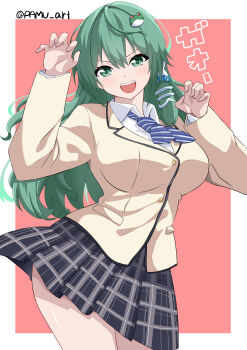 1girl absurdres black_skirt blazer blue_necktie border breasts claw_pose collared_shirt frog_hair_ornament green_eyes green_hair hair_between_eyes hair_ornament highres jacket kochiya_sanae large_breasts long_hair looking_at_viewer necktie pamu_art pink_background plaid_clothes plaid_skirt pleated_skirt school_uniform shirt skirt smile snake_hair_ornament standing teeth touhou twitter_username upper_teeth_only v-shaped_eyebrows white_border white_shirt yellow_jacket
