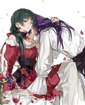 1boy 1girl alcohol apple arm_around_waist biting black_choker black_pants blue_eyes blunt_bangs braid breasts candlestand choker couple cup dress dress_flower drinking_glass earrings falling_petals flower food fruit furrowed_brow grapes hair_over_shoulder hand_in_another&#039;s_hair hand_on_another&#039;s_chest hetero highres jewelry jinshi_(kusuriya_no_hitorigoto) juliet_sleeves kusuriya_no_hitorigoto long_dress long_hair long_sleeves maomao_(kusuriya_no_hitorigoto) medium_breasts neck_biting off-shoulder_dress off_shoulder one_eye_closed open_mouth pants petals puffy_long_sleeves puffy_sleeves red_dress red_flower red_petals red_rose red_wine rose shirt single_braid vampire white_background white_shirt wine wine_glass yuikisezu