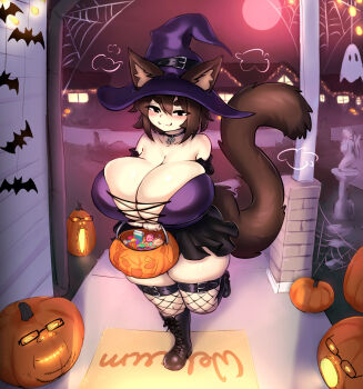 1girl 4chan animal_ears basket black_eyes blush breasts brown_hair cleavage closed_mouth commentary curvy english_commentary fishnet_thighhighs fishnets ghost halloween hat highres huge_breasts jack-o&#039;-lantern jewelry mochifoxxo original outdoors pendant short_hair silk skindentation solo spider_web statue thighhighs witch_hat wojak