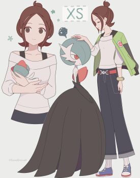 1girl 1other 343rone absurdres alternate_color blue_pants blush breasts brown_eyes brown_hair closed_eyes closed_mouth collarbone commentary_request gardevoir gen_3_pokemon green_jacket hair_bun harmony_(pokemon) highres holding holding_pokemon jacket jacket_on_shoulders long_sleeves mega_gardevoir mega_pokemon mega_ring nintendo off-shoulder_shirt off_shoulder open_clothes open_jacket pants pokemon pokemon_(creature) pokemon_legends:_z-a ralts red_eyes shiny_pokemon shirt short_hair smile squiggle white_shirt