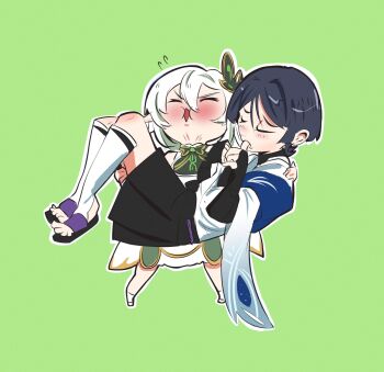 Rule 34 | 1boy, 1girl, armor, belt, black belt, black bodysuit, black bow, black bridal gauntlets, black hair, black sandals, black shorts, blue cape, blunt ends, blush, bodysuit, bow, bridal gauntlets, bridal legwear, cape, carrying, clenched hand, closed eyes, commentary, dress, english commentary, eyelashes, facing another, facing up, flying sweatdrops, frown, furisode, genshin impact, gold trim, green background, hair between eyes, hakama, hakama shorts, hand on another's back, hand on another's thigh, highres, japanese armor, japanese clothes, kimono, knee blush, kote, kurokote, leg warmers, long hair, nahida (genshin impact), onac911, pigeon-toed, pleated shorts, pointy ears, princess carry, purple rope, rope, sandals, scaramouche (genshin impact), short sleeves, shorts, sidelocks, socks, stirrup legwear, thumb sucking, thumb to mouth, toeless legwear, toeless socks, toes, turtleneck, turtleneck bodysuit, wanderer (genshin impact), white dress, white hair, white kimono, white leg warmers, white sleeves, white socks, wispy bangs, zouri