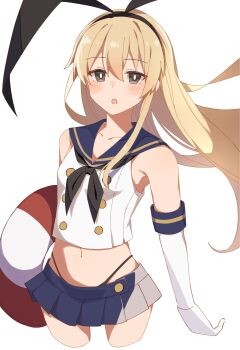 1girl anchor_hair_ornament black_hairband black_neckerchief black_panties blonde_hair blue_sailor_collar blue_skirt crop_top elbow_gloves gloves grey_eyes hachimugi_(hachino_mugi) hair_ornament hairband highleg highleg_panties highres kantai_collection lifebuoy long_hair microskirt miniskirt neckerchief panties pleated_skirt sailor_collar shimakaze_(kancolle) shirt simple_background skirt sleeveless sleeveless_shirt solo swim_ring underwear white_background white_gloves