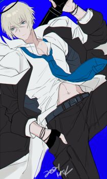 Rule 34 | 1boy, arknights, belt, black gloves, black jacket, black pants, blonde hair, blue background, blue belt, blue eyes, blue necktie, bracelet, closed mouth, collared shirt, cowboy shot, crossed bangs, executor (arknights), expressionless, fingerless gloves, gloves, gun, hair between eyes, halo, hand in pocket, holding, holding gun, holding weapon, jacket, jewelry, long sleeves, looking to the side, loose necktie, male focus, midriff peek, mtk (souko), navel, necktie, open clothes, open jacket, pants, shirt, short hair, signature, simple background, solo, weapon, white shirt