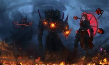 1girl 2boys absurdres artist_name assailant_astro_toilet broken_tv cloud_ruan99543 commentary core corpse duchess_astro_toilet english_commentary fire floating glowing glowing_weapon green_light helmet highres iron_halo laser_cannon multiple_boys post-apocalypse red_hair ruins shoulder_blades shoulder_spikes skibidi_toilet_(series) spikes television tendrils_from_back watchman_of_doom_(titan_tv_man) weapon