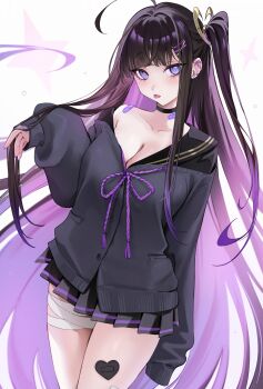 ahoge bandage_on_leg bandage_on_thigh bandaged_leg bandages black_cardigan black_hair black_sailor_collar black_serafuku breasts cardigan chitose_(stella_sora) cleavage colored_inner_hair ear_piercing earrings highres jewelry long_hair looking_at_viewer miniskirt mole mole_under_eye multicolored_hair multiple_earrings ompf piercing purple_eyes purple_hair sailor_collar school_uniform serafuku sidelocks skirt solo stella_sora tongue_piercing very_long_hair