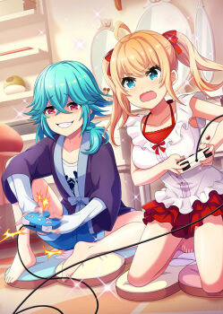 2girls ^^^ ahoge aya_(project_tokyo_dolls) barefoot bathrobe bed blonde_hair blue_hair blush bow bowtie breasts collarbone competition controller cushion desk dot_nose drawer dress dutch_angle elbow_gloves fingerless_gloves frilled_dress frills game_controller gloves grin hair_between_eyes hair_bow holding holding_controller holding_game_controller indoors knee_up kneeling large_breasts medium_hair mirror motion_blur multiple_girls official_art on_floor open_mouth playing_games project_tokyo_dolls purple_robe red_bow red_bowtie red_eyes red_skirt robe second-party_source shaded_face shelf shirt side_ponytail sidelocks sitting skirt smile sparkle tearing_up twintails wavy_mouth white_dress white_gloves white_shirt yamada_(project_tokyo_dolls)