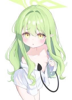 1girl absurdres bare_shoulders blue_archive commentary_request covering_nipples covering_privates demon_tail green_hair green_halo halo herananu117 highres hikari_(blue_archive) light_blush loli long_hair looking_at_viewer open_clothes open_mouth pointy_ears simple_background tail white_background yellow_eyes