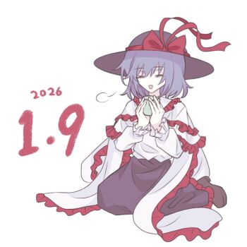 Rule 34 | 1girl, black hat, black skirt, blue hair, boots, bow, closed eyes, cup, dated, frilled ribbon, frilled shirt, frills, hashtag-only commentary, hat, hat bow, holding, holding cup, nagae iku, open mouth, red bow, ribbon, seiza, shirt, simple background, sitting, skirt, solo, touhou, tsukumosuki99, white background, white shirt