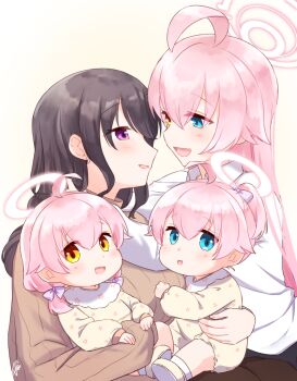 4girls ahoge baby blue_archive blue_eyes brown_sweater carrying carrying_baby carrying_person commentary_request eye_contact female_sensei_(blue_archive) hair_between_eyes halo heterochromia hoshino_(blue_archive) if_they_mated long_hair long_sleeves looking_at_another looking_at_viewer mother_and_child mother_and_daughter multiple_girls open_mouth parent_and_child pink_hair pink_halo purple_eyes rarasa science_babies sensei_(blue_archive) shirt simple_background smile sweater white_shirt yellow_background yellow_eyes yuri