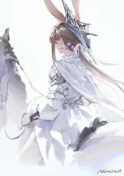 1girl absurdres amiya_(arknights) amiya_(guard)_(arknights) amiya_(guard)_(in_a_myriad_of_universes)_(arknights) animal_ears arknights artist_name bag braid brown_hair capelet commentary_request dress earrings highres horseback_riding jewelry long_hair nbrush19 rabbit_ears riding simple_background solo white_background white_capelet white_horse