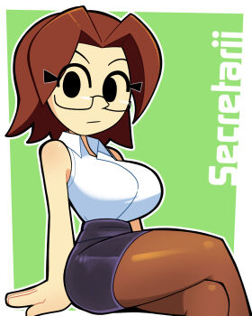 1girl :| black_eyes black_outline blank_stare border breasts brown_hair closed_mouth collared_shirt commentary empty_eyes english_commentary expressionless glasses green_background hair_intakes highres medium_breasts medium_hair mii_(nintendo) mii_gunner mii_gunner_(smash_4) nintendo no_pupils no_sclera office_lady outline pantyhose parted_bangs pencil_skirt scott_falco shirt shirt_tucked_in simple_background sitting skirt sleeveless sleeveless_shirt solo super_smash_bros. white_border white_outline white_shirt