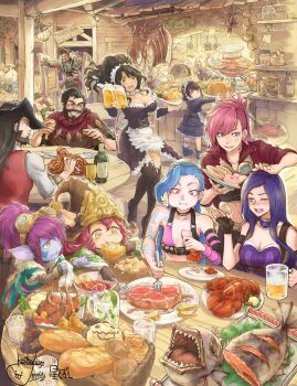 6+girls absurdres arm_tattoo black_gloves black_thighhighs blue_eyes blue_hair blue_tattoo blush bottle bread breasts caitlyn_(league_of_legends) character_request chef chef_hat cleavage cloud_tattoo colored_skin cup drunk eating eyewear_on_head fingerless_gloves fish food fork gloves hat highres holding holding_cup holding_fork holding_plate hoshikuzushi indoors jinx_(league_of_legends) league_of_legends maid meat monster_boy multiple_girls pink_eyes pink_hair plate pointy_ears purple_eyes purple_hair purple_skin red_skin smile table tattoo teeth thighhighs too_much_food vi_(league_of_legends)