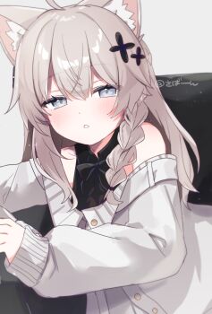 Rule 34 | 1girl, ahoge, akikan sabako, animal ear fluff, animal ears, artist name, bare shoulders, black shirt, blush, braid, brown hair, cardigan, cat ears, cat girl, commentary, double-parted bangs, grey cardigan, grey eyes, hair between eyes, highres, long hair, long sleeves, looking at viewer, off shoulder, one-hour drawing challenge, parted lips, shinano (vrchat), shirt, single braid, sleeveless, sleeveless shirt, solo, upper body, vrchat
