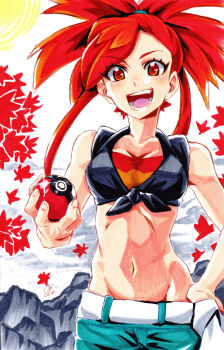1girl absurdres breasts cleavage flannery_(pokemon) hand_on_own_hip highres hip_bones holding holding_poke_ball looking_at_viewer medium_breasts midriff mikkusushi navel nintendo open_mouth poke_ball poke_ball_(basic) pokemon pokemon_oras red_eyes red_hair shirt solo sparkle tied_shirt