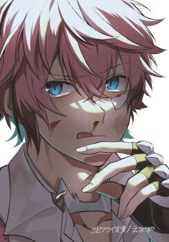 Rule 34 | 1boy, :p, absurdres, akagi wen, akagi wen (1st costume), backlighting, bandaid, bandaid on face, black gloves, blood, blood on face, blue eyes, brown hair, commentary request, ebippoid, fingerless gloves, gloves, highres, looking to the side, male focus, nijisanji, nosebleed, pink hair, portrait, short hair, simple background, solo, tongue, tongue out, translation request, upper body, virtual youtuber, white background