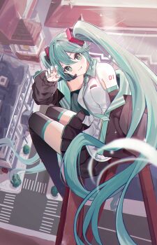1girl absurdres aqua_eyes aqua_hair aqua_nails aqua_necktie aqua_trim arm_between_legs arm_tattoo armpit_crease bare_shoulders black_skirt black_sleeves boots breasts closed_mouth collared_shirt commentary_request detached_sleeves floating grey_shirt hair_between_eyes hair_ornament hatsune_miku headset highres long_hair long_sleeves looking_at_viewer medium_breasts miniskirt necktie number_tattoo outdoors pleated_skirt puto_(put_to_) shirt skirt sleeveless sleeveless_shirt sleeves_past_wrists solo sparkling_eyes tattoo thigh_boots tongue tongue_out twintails very_long_hair vocaloid