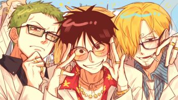 3boys arm_up arms_up bespectacled black-framed_eyewear black_shirt blonde_hair blue_shirt bracelet cigarette closed_mouth commentary_request curly_eyebrows facial_scar frown glasses highres jacket jewelry kkong_giii1 korean_commentary lapels looking_at_viewer lower_teeth_only male_focus monkey_d._luffy multiple_boys multiple_rings necktie notched_lapels one_eye_closed one_piece open_mouth parted_hair pinstripe_pattern pinstripe_shirt print_shirt rectangular_eyewear red_shirt ring roronoa_zoro sanji_(one_piece) scar scar_across_eye scar_on_cheek scar_on_face shirt smile suit_jacket teeth white_jacket white_necktie wing_collar