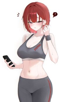 1girl ? absurdres akane_lize blush breasts cellphone choppy_bangs cleavage cowboy_shot cross cross_earrings earclip earrings gamble_0 grey_eyes grey_pants grey_sports_bra hand_up hashtag-only_commentary highres holding holding_phone jewelry large_breasts mole mole_under_eye multicolored_hair navel no_shirt notice_lines pants parted_lips phone red_hair short_hair simple_background smartphone solo speech_bubble spoken_question_mark sports_bra standing stellive stomach streaked_hair sweat sweaty_clothes virtual_youtuber wet wet_hair white_background white_mouth wristband yoga_pants