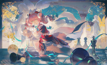 Rule 34 | 1girl, aqua eyes, aqua hair, chess piece, chessboard, dress, floating hair, gradient hair, hat, highres, honkai: star rail, honkai (series), hyacine (honkai: star rail), king (chess), long sleeves, multicolored hair, niukou kouzi, open mouth, pawn (chess), pink hair, red dress, red hat, rook (chess), second-party source, short hair, smile, solo, statue, textless version, twintails