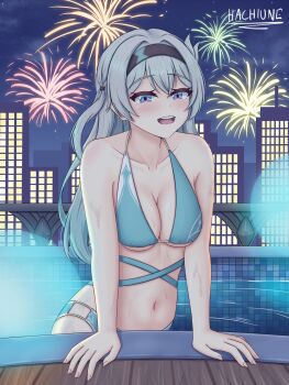 1girl aerial_fireworks belly bikini blue_bikini blush breasts brown_hairband cleavage commentary english_commentary firefly_(honkai:_star_rail) fireworks gradient_hair grey_hair hachiune hair_between_eyes hair_intakes hair_tubes hairband highres honkai:_star_rail honkai_(series) in_water large_breasts long_hair multicolored_eyes multicolored_hair navel open_mouth pool smile solo string_bikini swimsuit teeth twitter_username upper_teeth_only wet