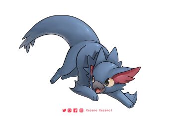 animal_focus artist_name colored_sclera commentary crossover english_commentary facebook_logo facebook_username fakemon fangs from_side full_body grey_eyes highres instagram_logo instagram_username monster_hunter_(series) nargacuga nintendo no_humans open_mouth pixiv_logo pixiv_username pokemon pokemon_(creature) sharp_teeth simple_background solo teeth twitter_logo twitter_username white_background xezeno yellow_sclera
