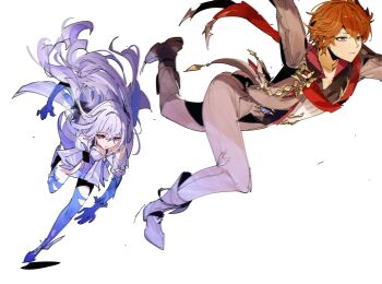 1boy 1girl blue_eyes boots breasts brown_hair commentary dress english_commentary expressionless genshin_impact grey_pants grey_shirt highres juffles large_breasts long_hair pants pink_eyes prosthesis prosthetic_arm prosthetic_leg red_scarf scarf shirt simple_background skirk_(genshin_impact) tartaglia_(genshin_impact) throwing throwing_person vision_(genshin_impact) white_background white_dress white_hair