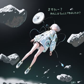 1girl absurdres ankle_socks asteroid asteroid_belt black_shorts black_socks blunt_ends closed_eyes coat commentary_request expressionless floating_hair full_body highres long_sleeves radio_antenna science_fiction scp-1281 scp_foundation shoes short_hair short_shorts shorts sneakers socks solo space translation_request white_coat white_hair white_shoes yoojp