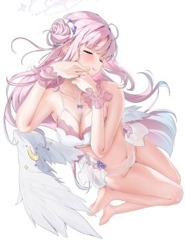 1girl absurdres ahoge bare_legs bare_shoulders barefoot blue_archive blush bra breasts cleavage closed_eyes collarbone commentary frilled_skirt frilled_wrist_cuffs frills hair_bun halo hands_on_own_face highres large_breasts long_hair low_wings mika_(blue_archive) navel panties pink_bra pink_hair pink_halo pink_wrist_cuffs see-through_clothes see-through_skirt simple_background single_hair_bun skirt solo toge0toge0 underwear white_background white_bra white_panties white_wings wings wrist_cuffs