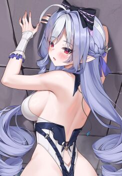 1girl against_wall backless_swimsuit black_one-piece_swimsuit blush breasts commentary_request detached_sleeves drill_hair foreshortening from_above highres large_breasts long_hair looking_at_viewer looking_back matrix16 medium_breasts mole mole_under_eye multicolored_hair official_alternate_costume one-piece_swimsuit open_mouth pointy_ears purple_hair red_eyes sideboob solo streaked_hair swimsuit twin_drills vivian_banshee vivian_banshee_(iris_of_the_shore) white_hair white_one-piece_swimsuit wrist_cuffs zenless_zone_zero