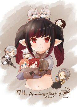 alisaie_leveilleur alphinaud_leveilleur anniversary armored_boots black_dress black_gloves black_hair black_shirt blue_eyes boots brown_eyes brown_hair character_request check_character chibi commentary_request cropped_torso dress emet-selch facial_mark final_fantasy final_fantasy_xiv forehead g'raha_tia gloves grey_background grey_gloves grey_hair hair_between_eyes highres jacket mini_person miniboy minigirl multicolored_hair navel open_clothes open_jacket parted_bangs peeking_out pointy_ears red_eyes red_hair rino_cnc ryne_waters shirt single_glove sleeveless sleeveless_dress sparkle thancred_waters twintails two-tone_hair urianger_augurelt v-shaped_eyebrows whisker_markings white_jacket y'shtola_rhul