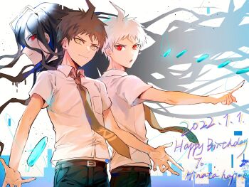 3boys ahoge belt belt_buckle binxngchng1 black_hair black_pants breast_pocket brown_belt brown_hair brown_necktie buckle character_name chinese_commentary closed_mouth collared_shirt commentary_request danganronpa_(series) dated english_text hair_between_eyes happy_birthday highres hinata_hajime hinata_hajime_(awakened) kamukura_izuru long_hair male_focus multiple_boys multiple_persona necktie open_mouth pants pocket red_eyes shirt short_hair short_sleeves smile spoilers v-shaped_eyebrows very_long_hair white_hair white_shirt wing_collar yellow_eyes