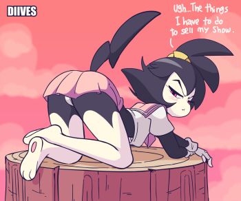 1girl all_fours animaniacs animaniacs_(2020) animated animated_gif ass_shake black_hair blush diives dot_warner english_text fang furry furry_female gloves highres looking_at_viewer outdoors pink_eyes pink_sky school_uniform skirt sky solo tail tree_stump underwear