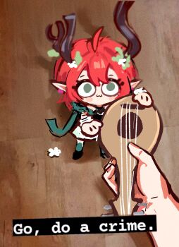 1girl 1other :3 ciaccona_(wuthering_waves) commentary_request dress film_grain giving go_do_a_crime_(meme) green_eyes green_jacket highres horns instrument instrument_request jacket jhenny345 medium_hair meme mini_person minigirl pointy_ears pov pov_hands red_hair sidelocks spanish_commentary tree_horns white_dress wuthering_waves